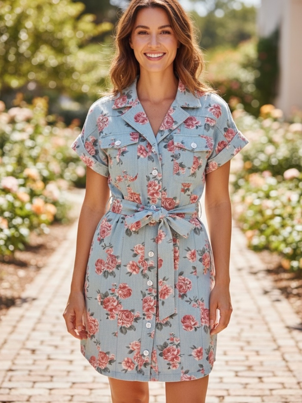 NWOT Mable Light Blue Floral Cotton Button Front Safari Denim Mini Dress Size S